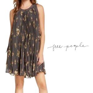 Free People Pleated Floral Grey Tent Mini Dress Lace High Neck Size XS